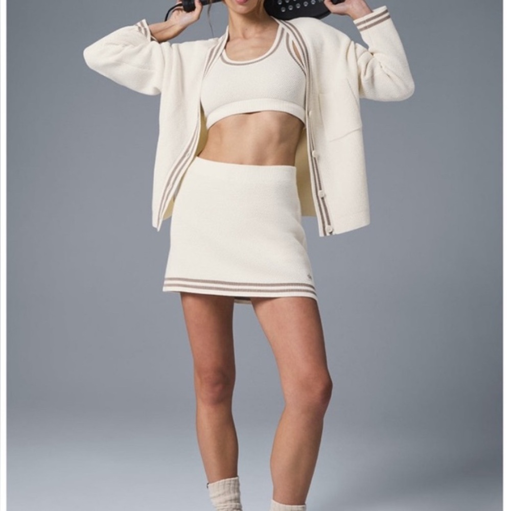 ALO Yoga Cream Tennis Cardigan with Brown Trim